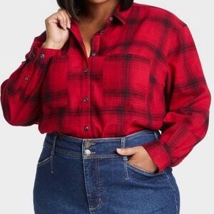 Ava & Viv Women’s Classic Plaid Shirt Red Black Cotton Blend Button Up Size 2X